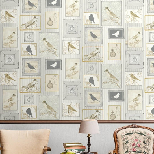 Framed Birds Wallpaper - Silver/Multi - SK Filson - FI2501Wallpaper199