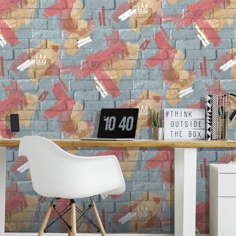 Graffiti Brush Brick Wallpaper - Teal/Ochre - Muriva - M46604Wallpaper199