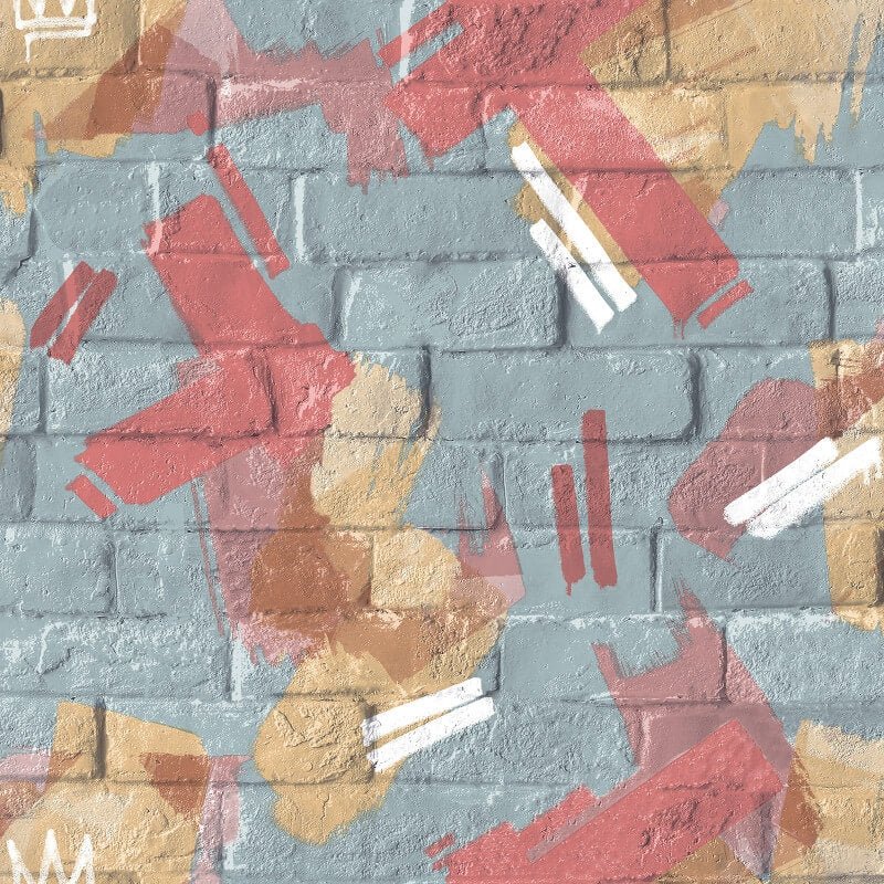 Graffiti Brush Brick Wallpaper - Teal/Ochre - Muriva - M46604Wallpaper199