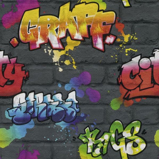 Graffiti Kids Club Wallpaper - Black Multi - Rasch - 237801Wallpaper199