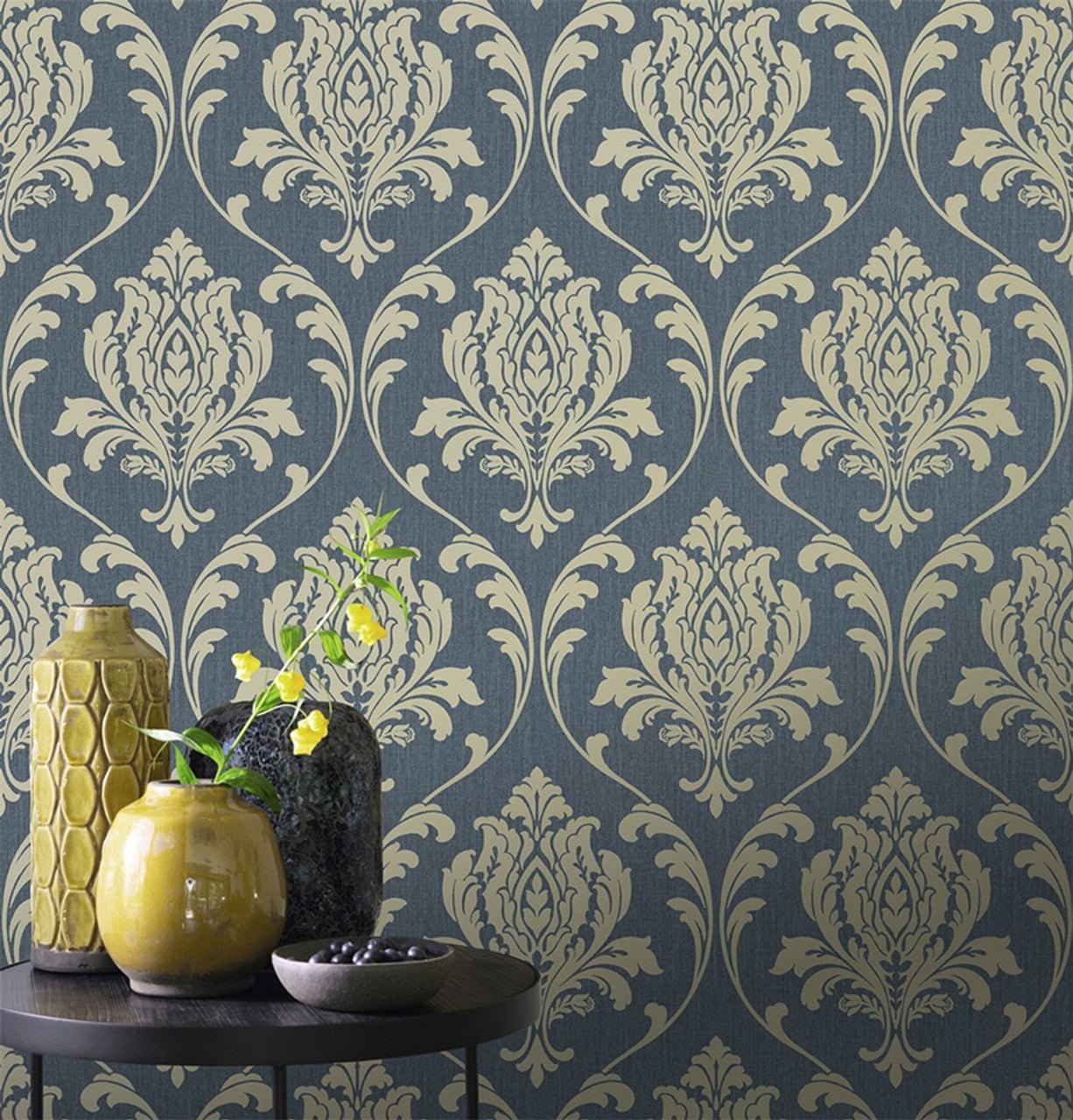 Highgrove Damask Wallpaper - Gold & Navy - Rasch - 274997Wallpaper199
