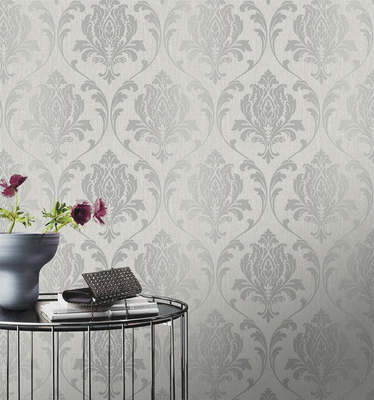 Highgrove Damask Wallpaper - Silver & Grey - Rasch - 274980Wallpaper199