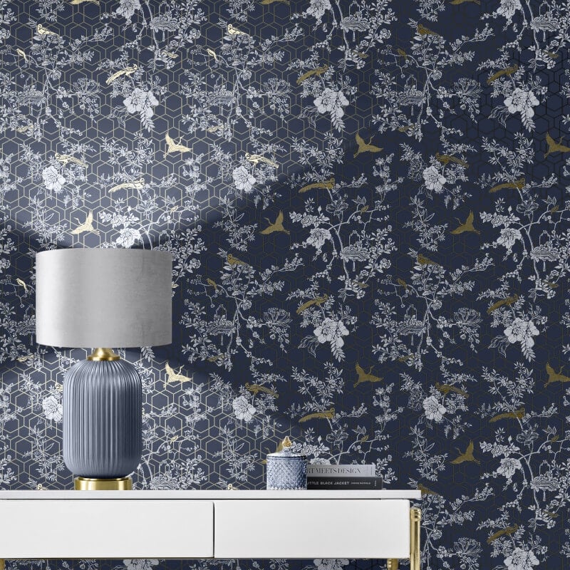 Himara Geo Floral Metallic Wallpaper - Blue/Gold - Lipsy London - 144070Wallpaper199