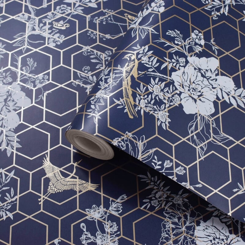 Himara Geo Floral Metallic Wallpaper - Blue/Gold - Lipsy London - 144070Wallpaper199