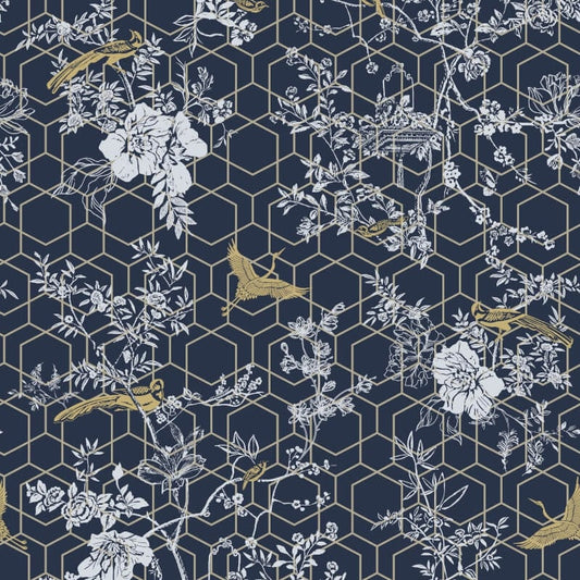 Himara Geo Floral Metallic Wallpaper - Blue/Gold - Lipsy London - 144070Wallpaper199
