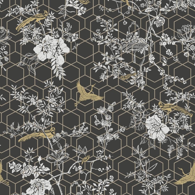 Himara Geo Floral Metallic Wallpaper - Charcoal/Gold - Lipsy London - 144071Wallpaper199
