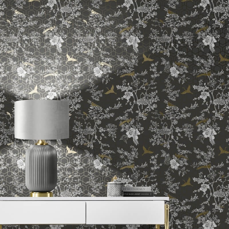 Himara Geo Floral Metallic Wallpaper - Charcoal/Gold - Lipsy London - 144071Wallpaper199