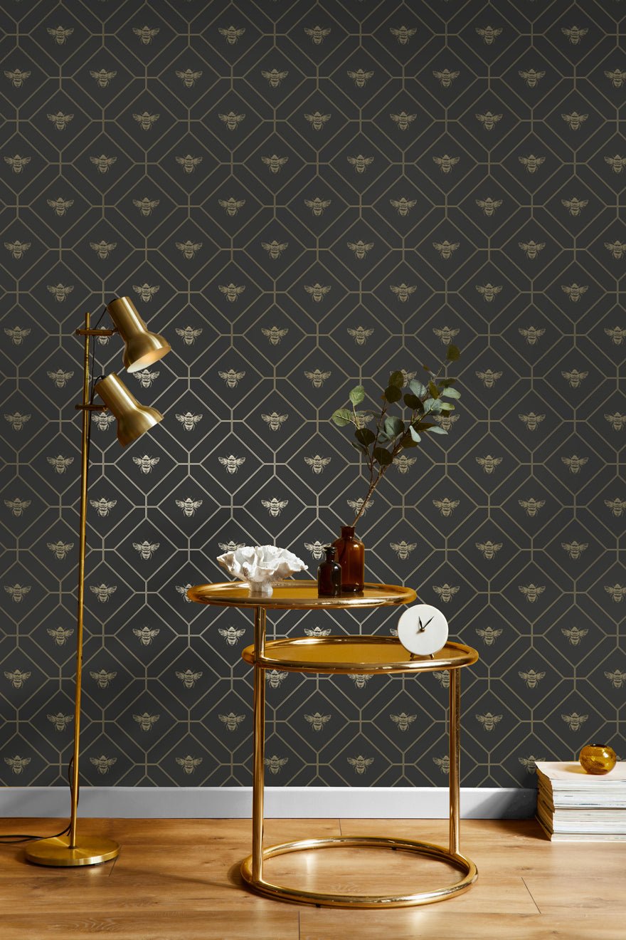 Honeycomb Bee Wallpaper - Charcoal_Gold - Holden Décor - 13081Wallpaper199