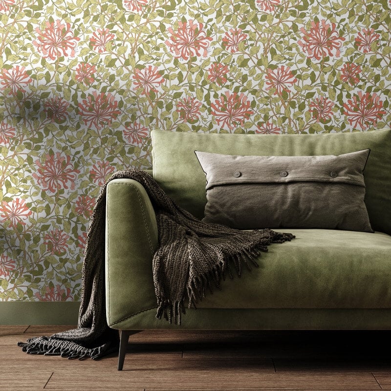 Honeysuckle Leaf Trail Wallpaper - Coral Pink - Hoopla Walls - HWA1075WWallpaper199