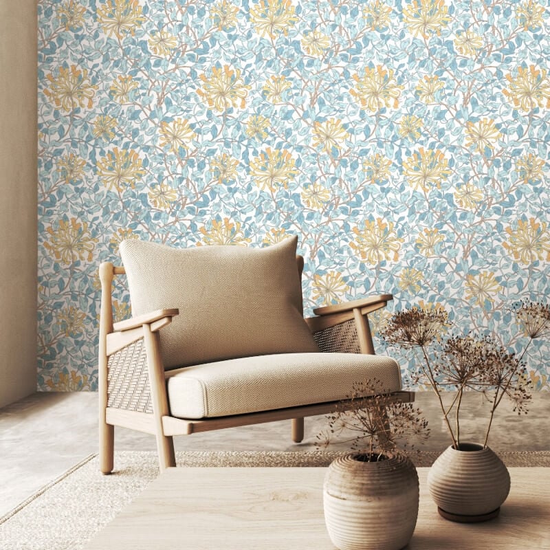 Honeysuckle Leaf Trail Wallpaper - Soft Blue - Hoopla Walls - HWA1080WWallpaper199