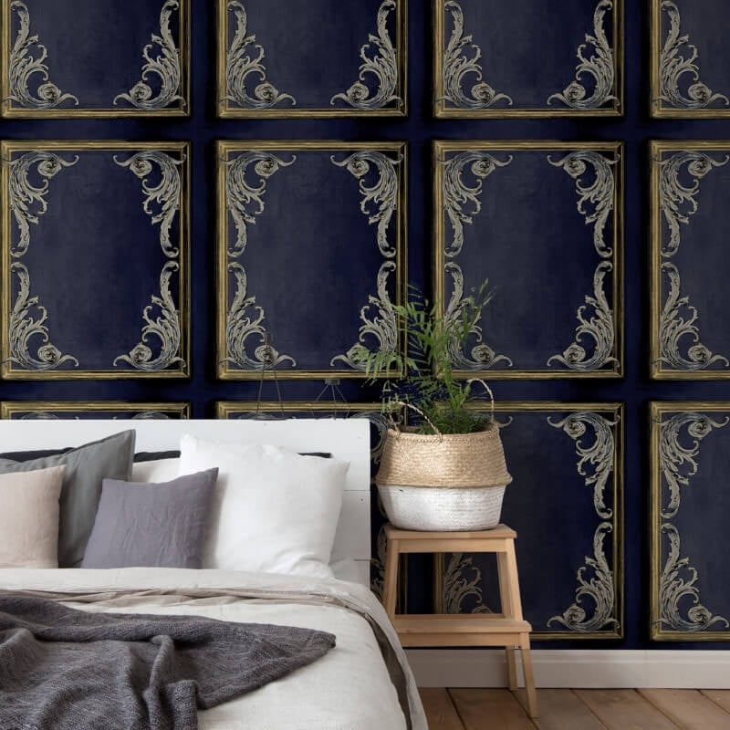Icon Rococo Panel Wallpaper - Navy - Grandeco - 191502Wallpaper199