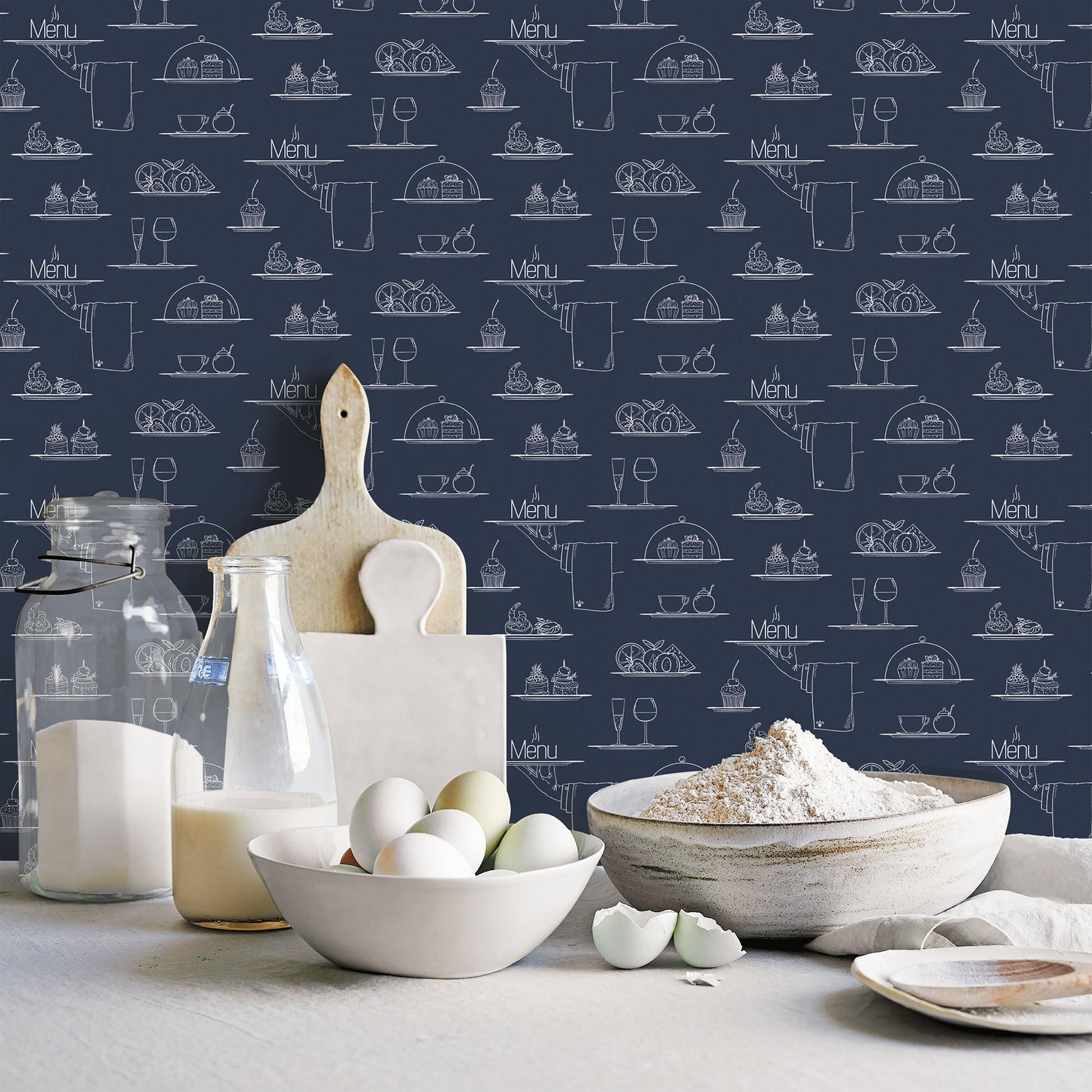 Just Kitchens Chalkboard Menu Wallpaper - Navy - Galerie - G45407Wallpaper199