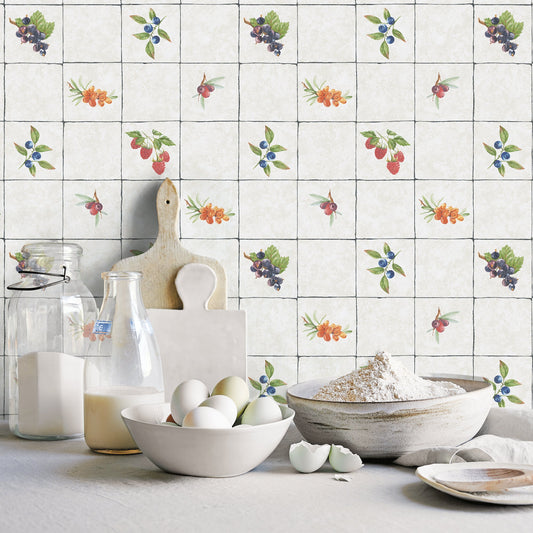 Just Kitchens Fruit Tile Wallpaper - Taupe / Red / Blue - Galerie - G45417Wallpaper199