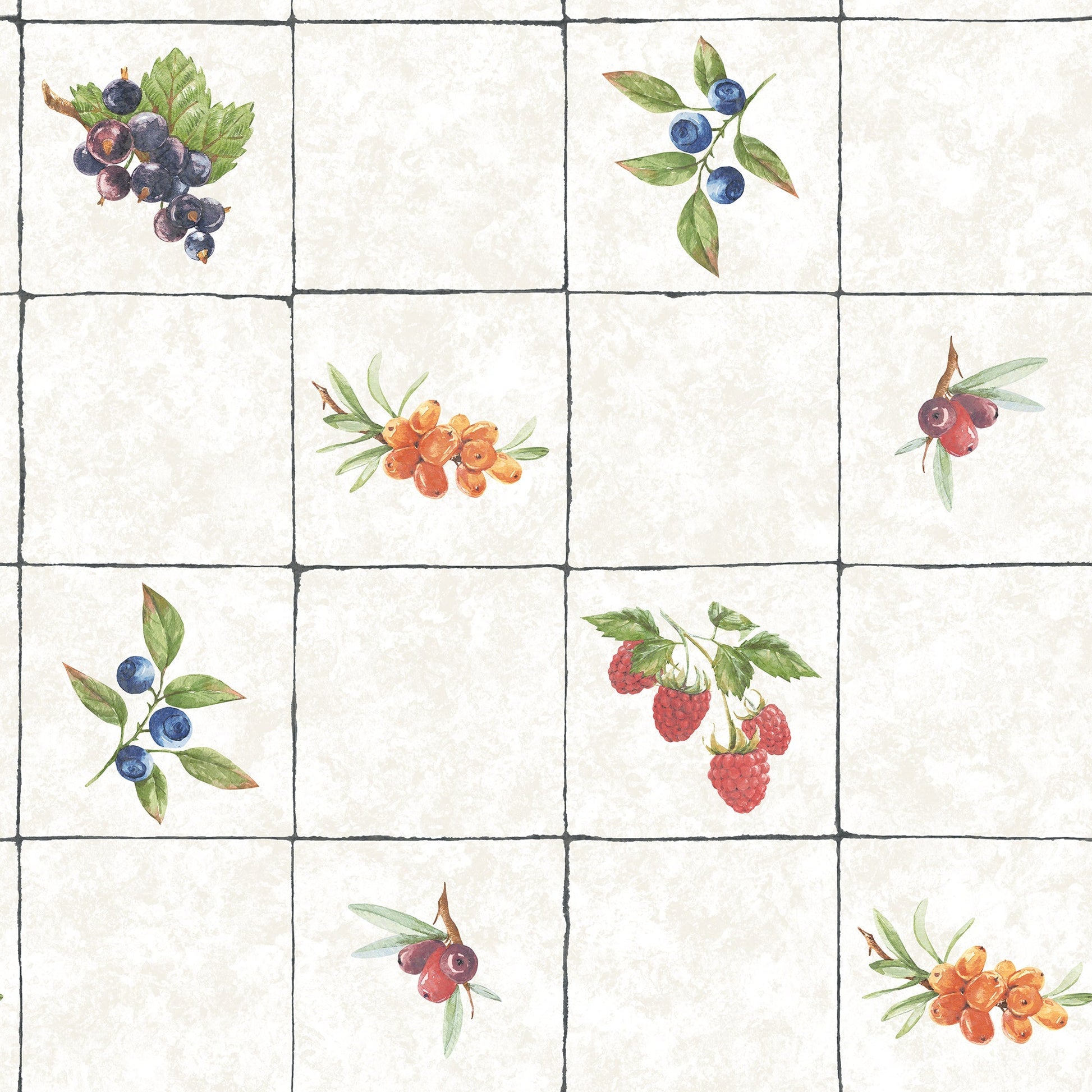 Just Kitchens Fruit Tile Wallpaper - Taupe / Red / Blue - Galerie - G45417Wallpaper199