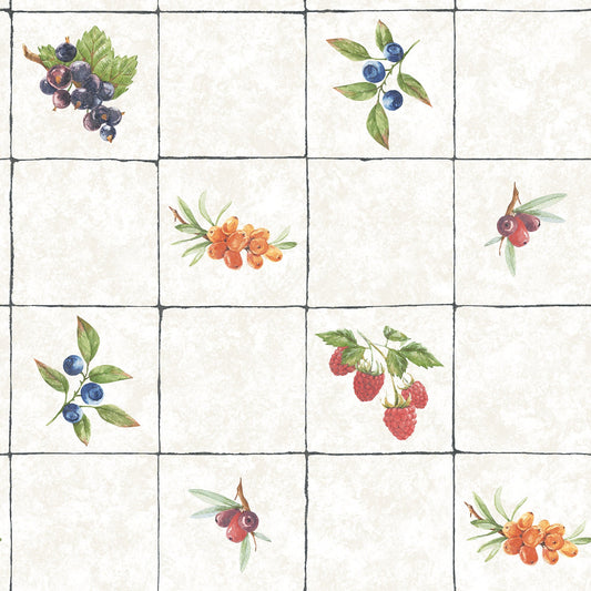 Just Kitchens Fruit Tile Wallpaper - Taupe / Red / Blue - Galerie - G45417Wallpaper199