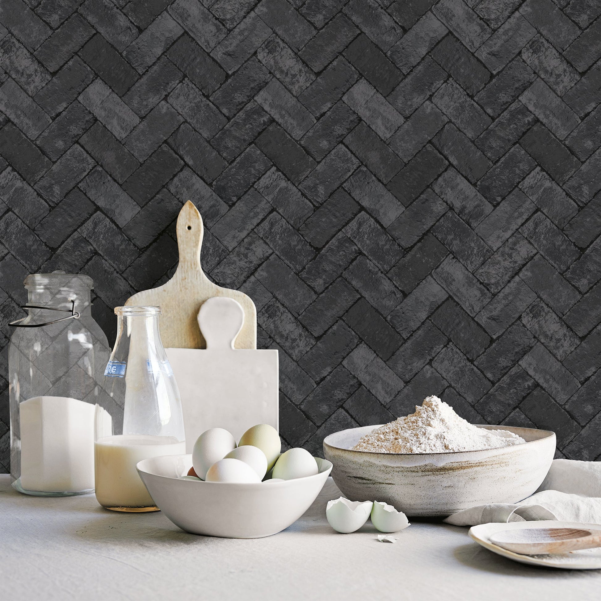 Just Kitchens Herringbone Brick Wallpaper - Black - Galerie - G45426Wallpaper199