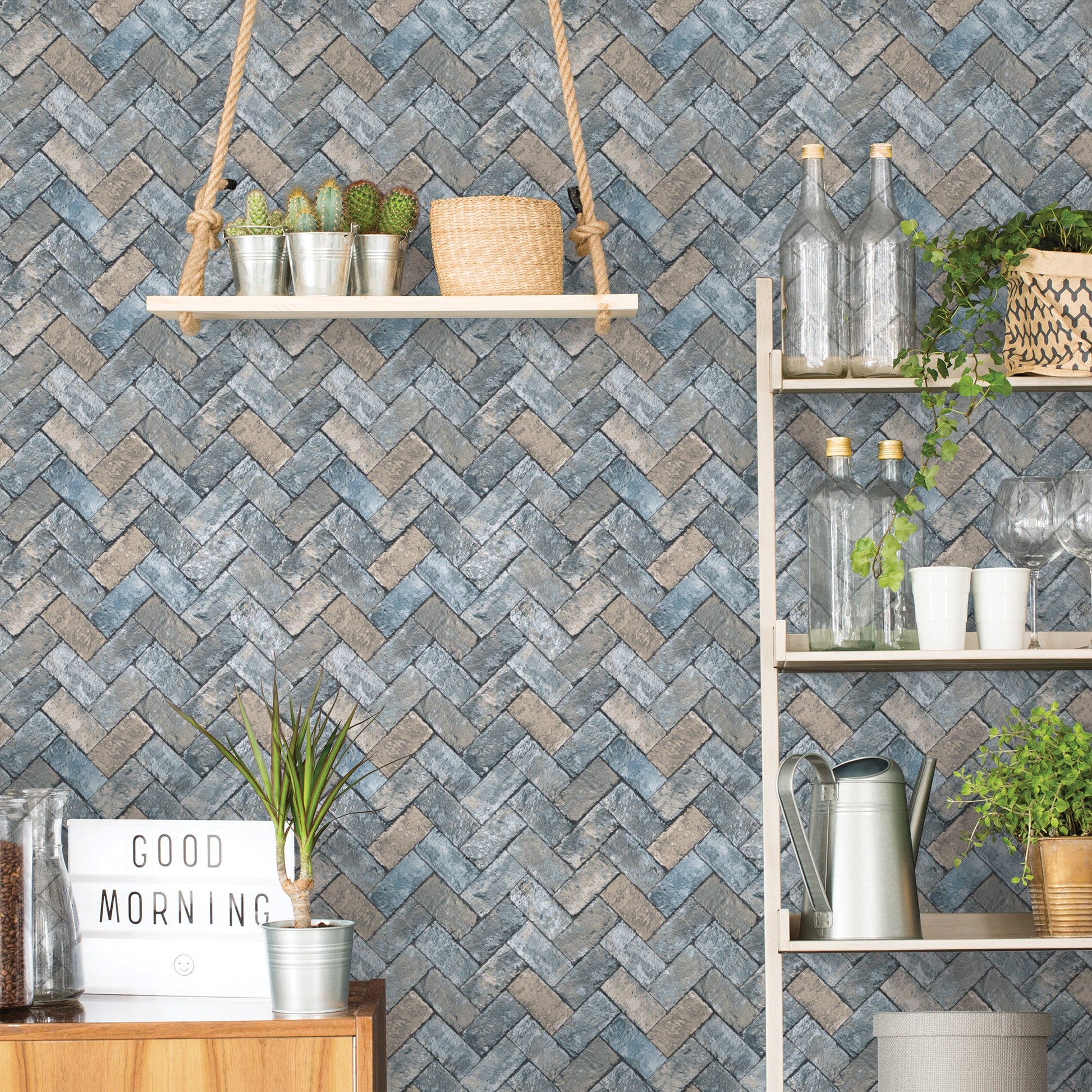 Just Kitchens Herringbone Brick Wallpaper - Blues / Taupe - Galerie - G45425Wallpaper199