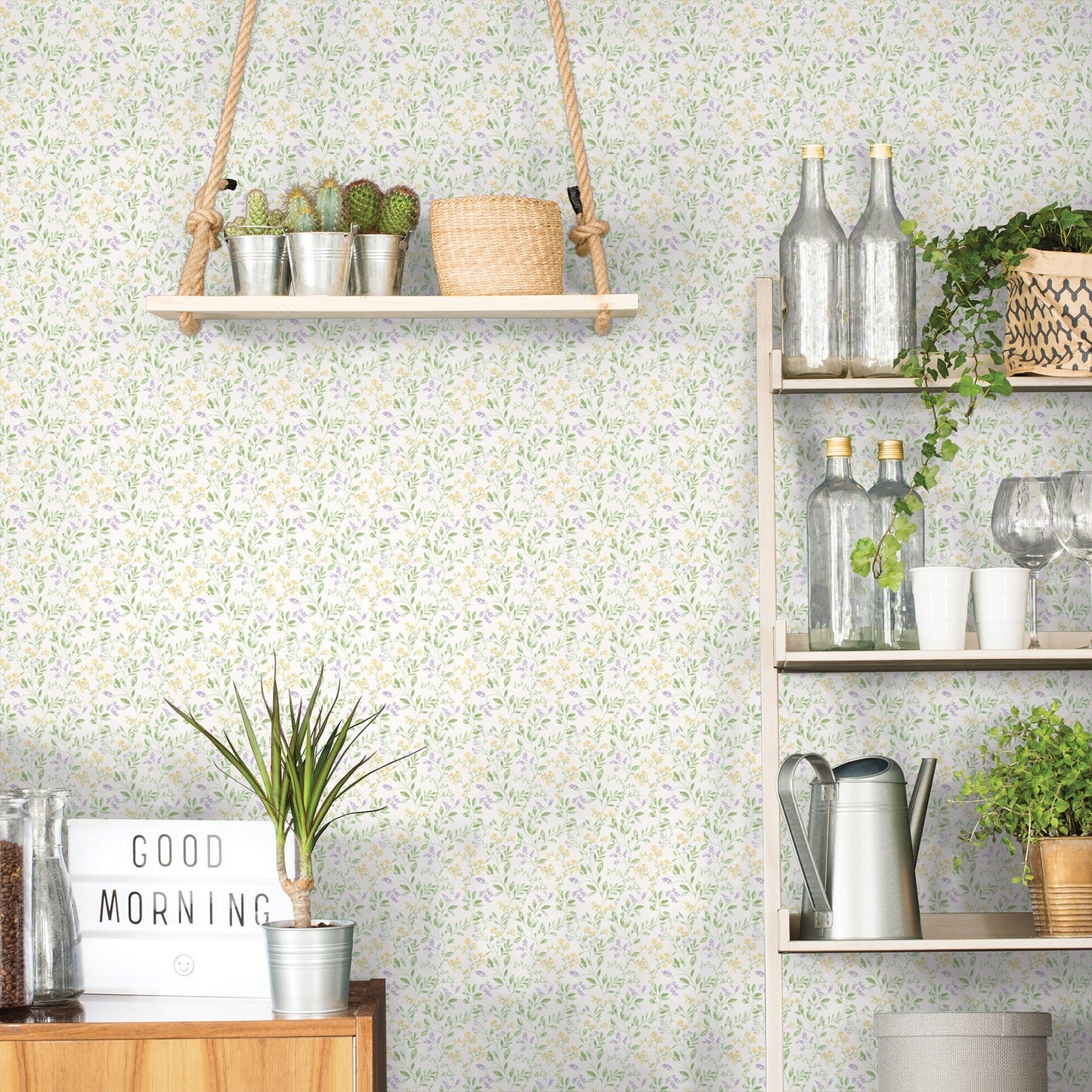 Just Kitchens Spring Leaf Trail Wallpaper - Lilac / Yellow / Green - Galerie - G45456Wallpaper199
