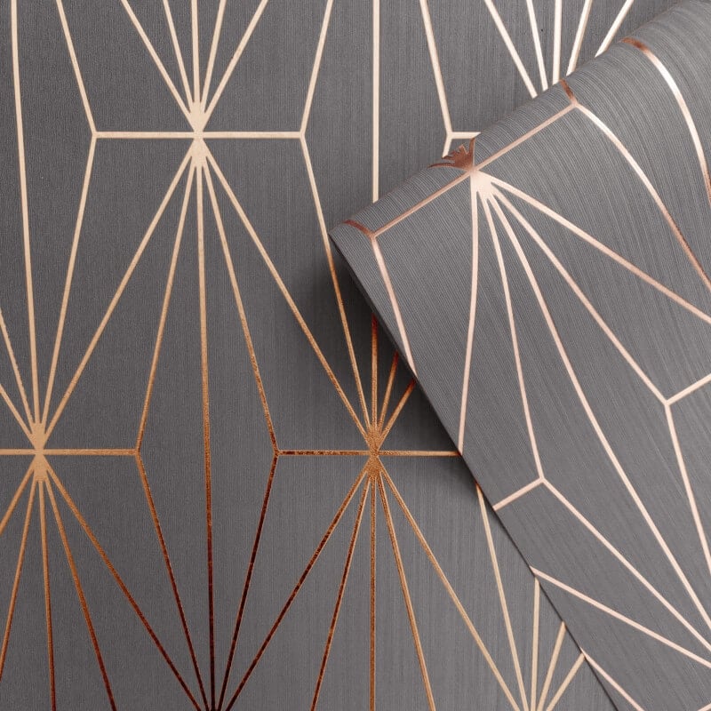 Kayla Geometric Gold Foil Metallic Wallpaper - Charcoal/Rose - Muriva - 703015Wallpaper199