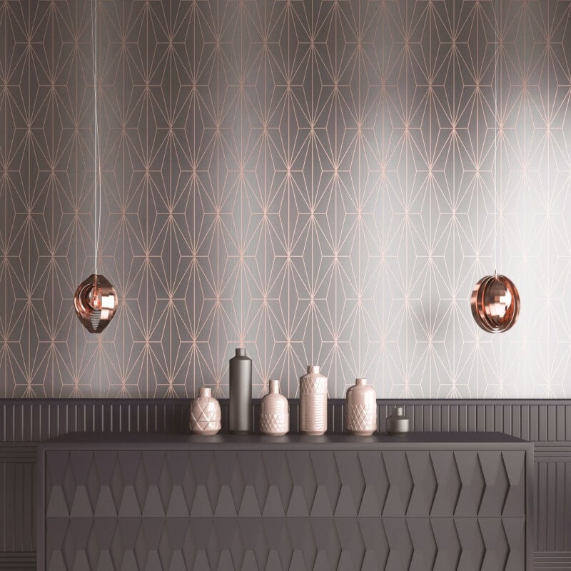 Kayla Geometric Gold Foil Metallic Wallpaper - Grey/Rose - Muriva - 703013Wallpaper199