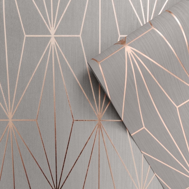 Kayla Geometric Gold Foil Metallic Wallpaper - Grey/Rose - Muriva - 703013Wallpaper199