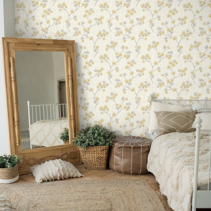 Kira Oriental Floral Tree Metallic Wallpaper - Mustard/Grey - Fine Décor - FD43309Wallpaper199