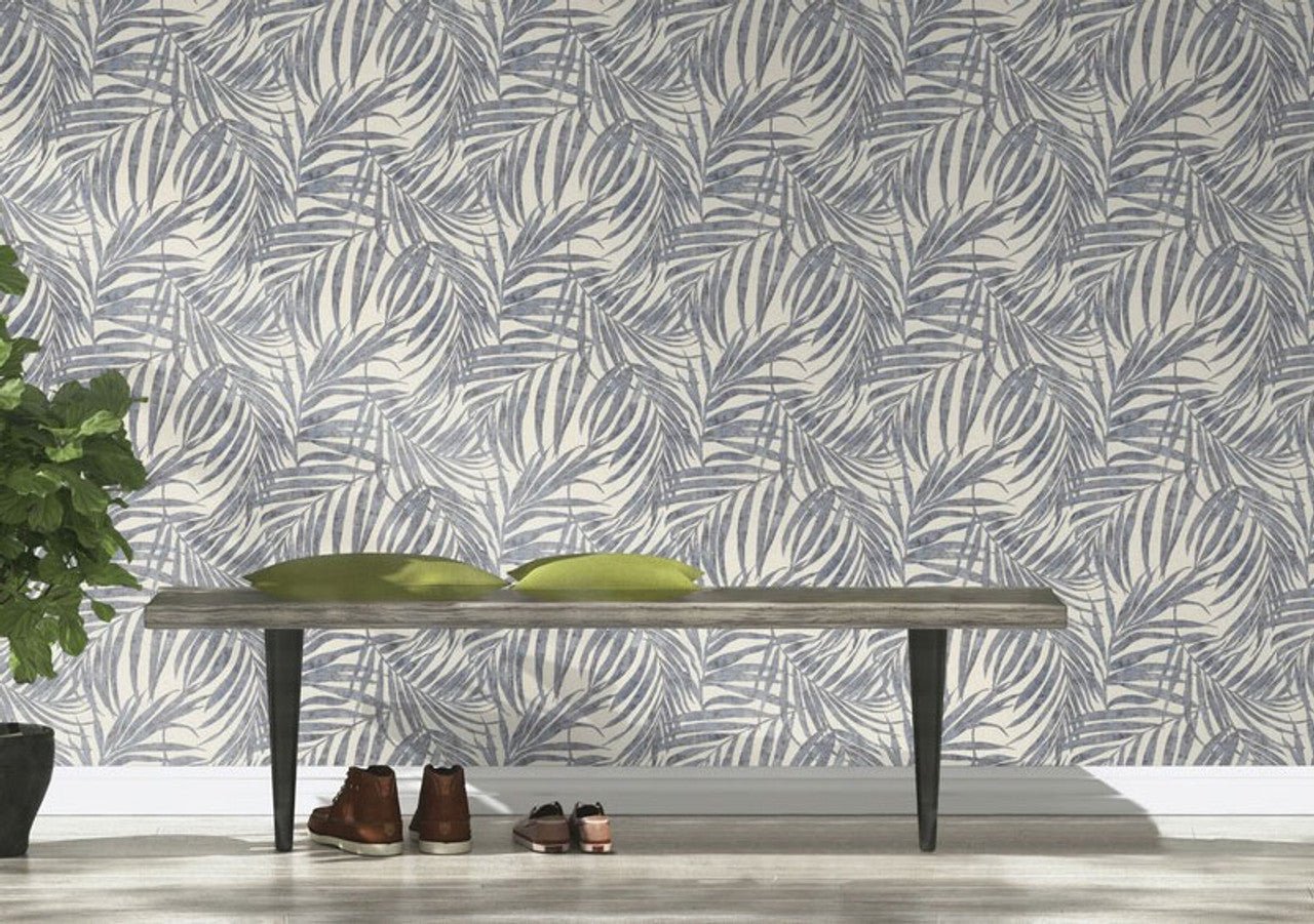 Linares Leaves Wallpaper - Denim Blue & Cream - Rasch - 617429Wallpaper199