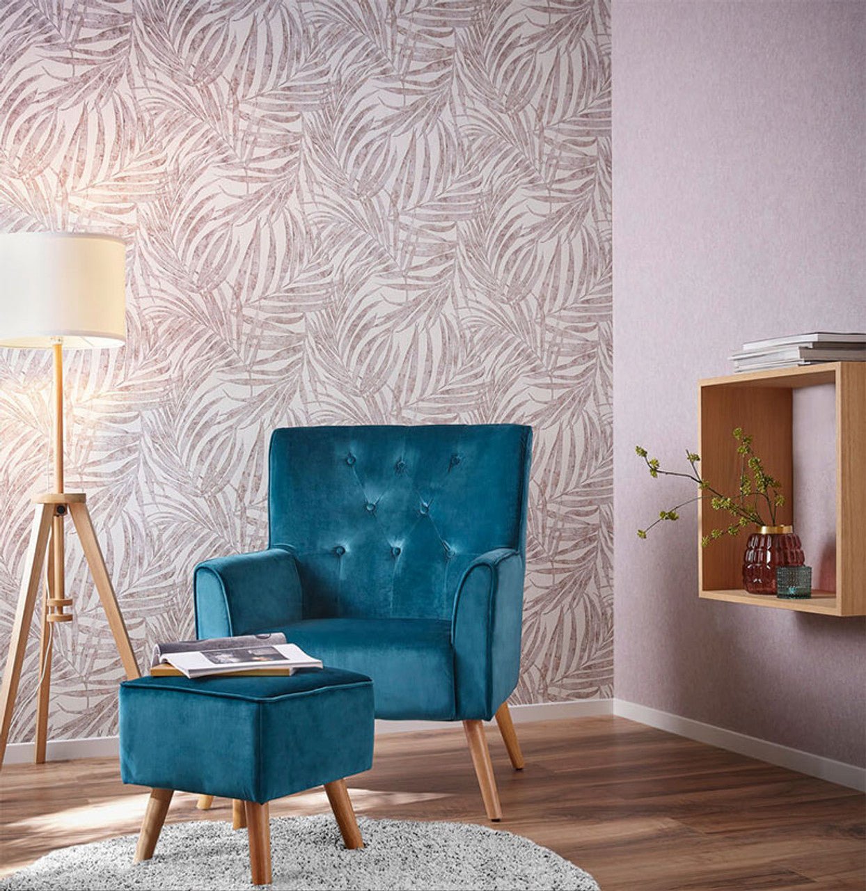 Linares Leaves Wallpaper - Pink/Grey & Cream - Rasch - 617436Wallpaper199