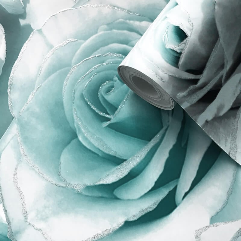 Madison Rose Floral Glitter Wallpaper - Aqua - Muriva - 139523Wallpaper199