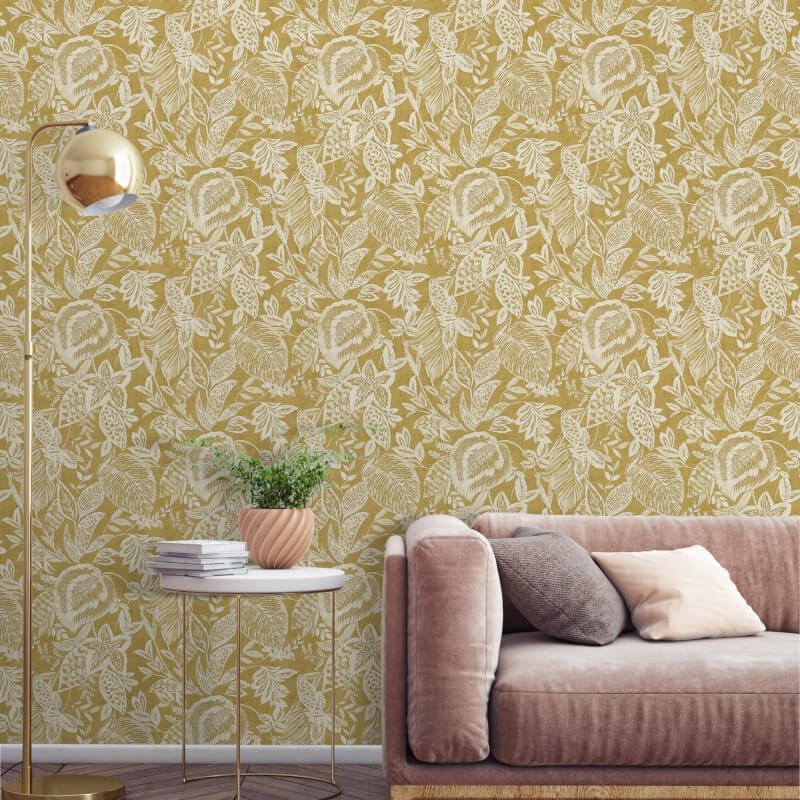 Mae Wild Leaves Wallpaper - Ochre - Grandeco - 171802Wallpaper199