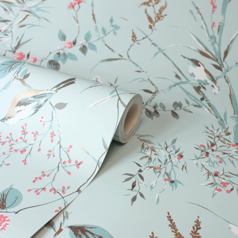 Mariko Floral Treebird Metallic Wallpaper - Blue - Crown - M1856Wallpaper199