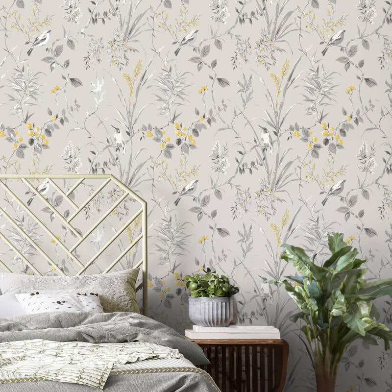 Mariko Floral Treebird Metallic Wallpaper - Grey/Yellow - Crown - M1551Wallpaper199