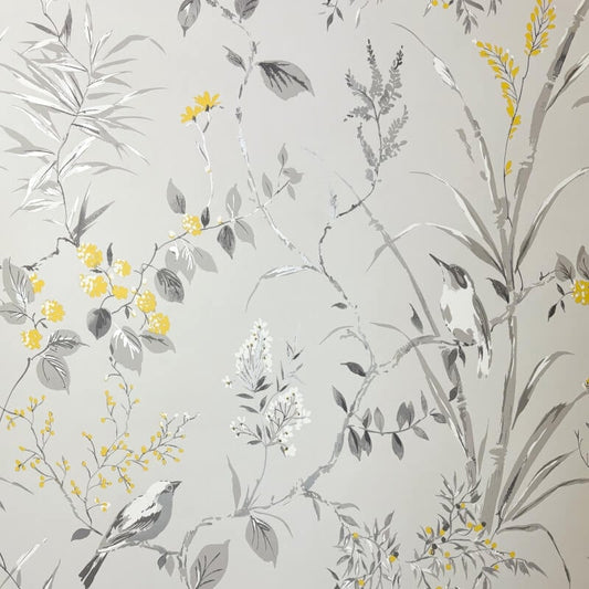 Mariko Floral Treebird Metallic Wallpaper - Grey/Yellow - Crown - M1551Wallpaper199
