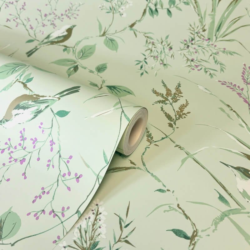 Mariko Floral Treebird Metallic Wallpaper - Mint/Plum - Crown - M1552Wallpaper199
