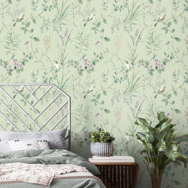 Mariko Floral Treebird Metallic Wallpaper - Mint/Plum - Crown - M1552Wallpaper199