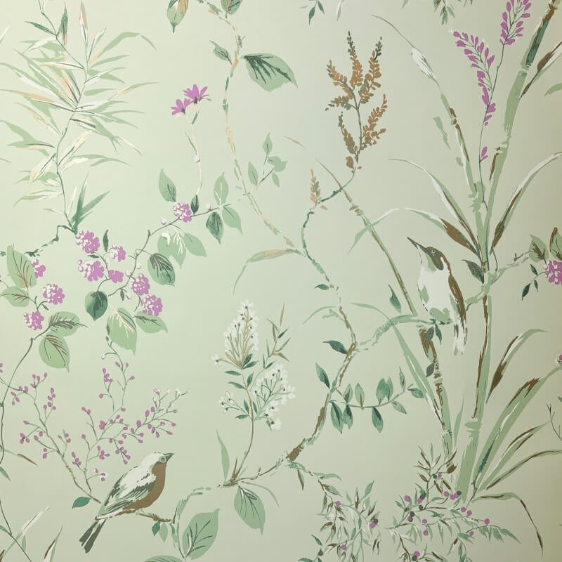 Mariko Floral Treebird Metallic Wallpaper - Mint/Plum - Crown - M1552Wallpaper199