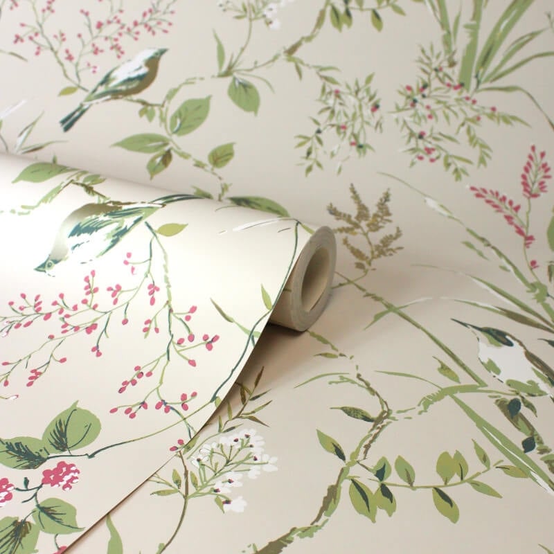 Mariko Floral Treebird Metallic Wallpaper - Natural - Crown - M1855Wallpaper199