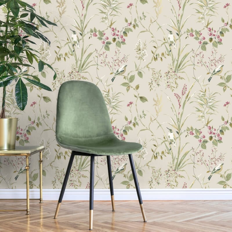 Mariko Floral Treebird Metallic Wallpaper - Natural - Crown - M1855Wallpaper199