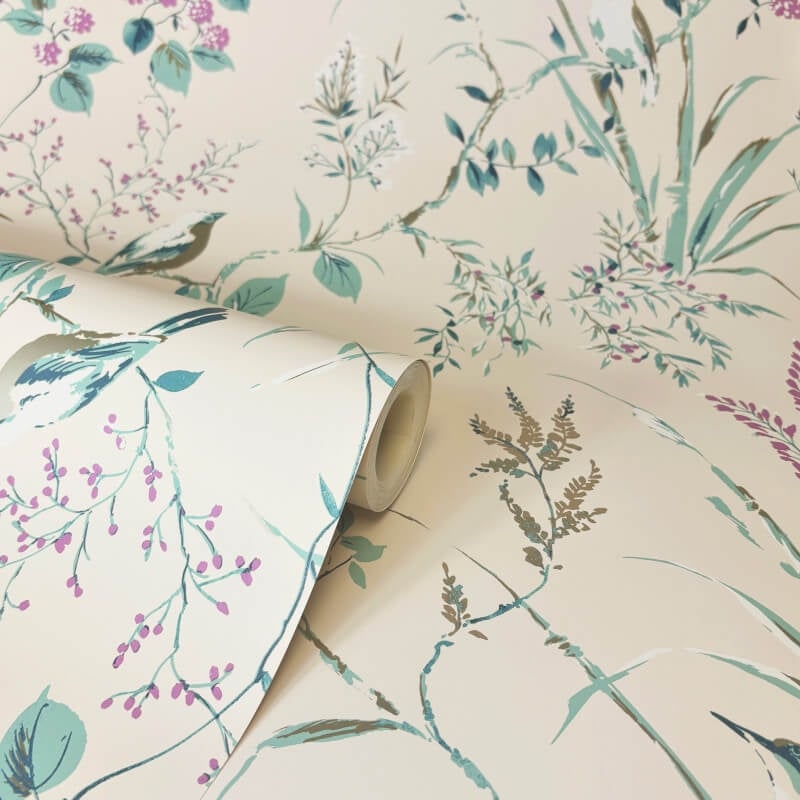 Mariko Floral Treebird Metallic Wallpaper - Teal/Plum - Crown - M1554Wallpaper199