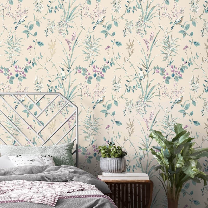 Mariko Floral Treebird Metallic Wallpaper - Teal/Plum - Crown - M1554Wallpaper199