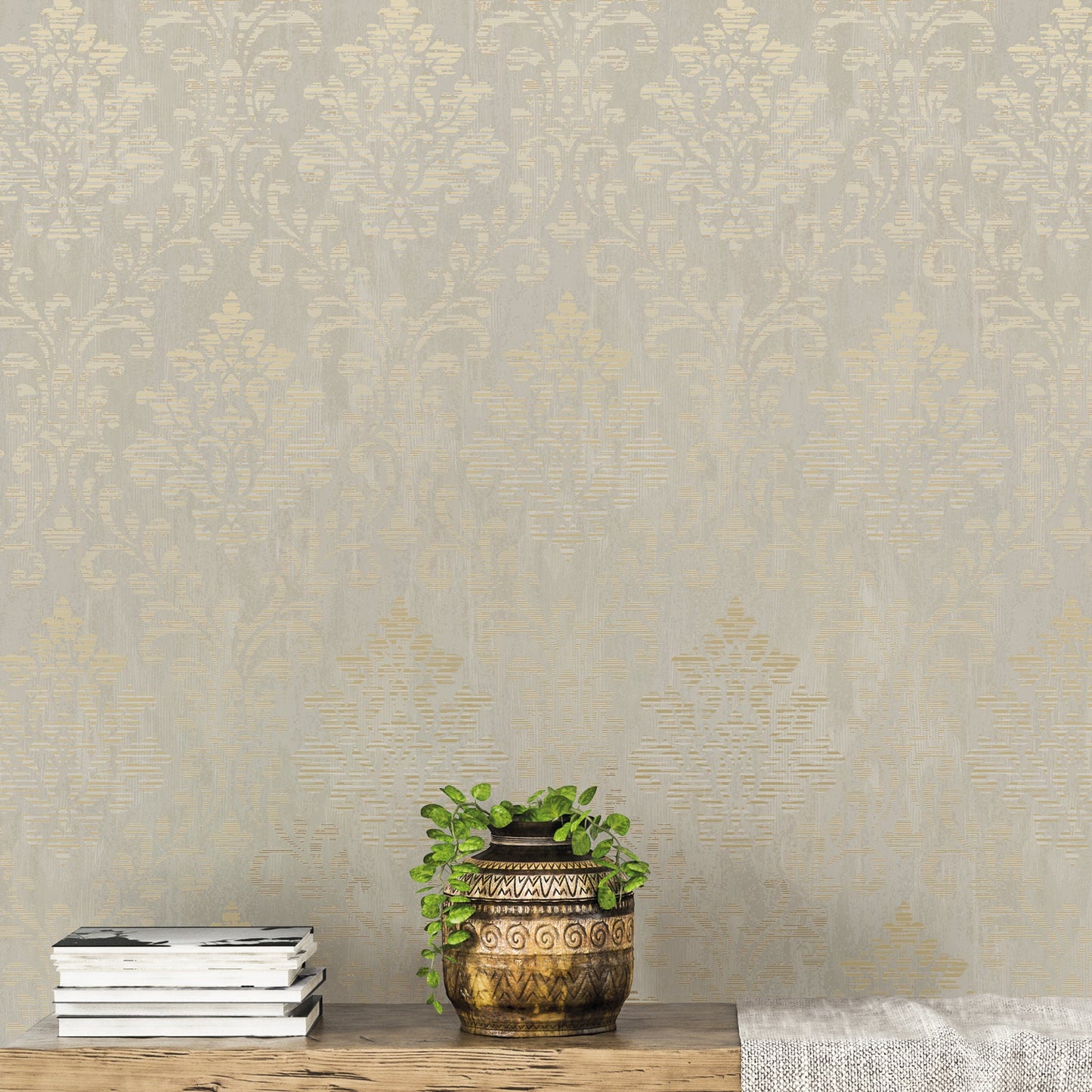 Metallic FX Rustic Damask Wallpaper - Cream / Gold - Galerie - W78179Wallpaper199