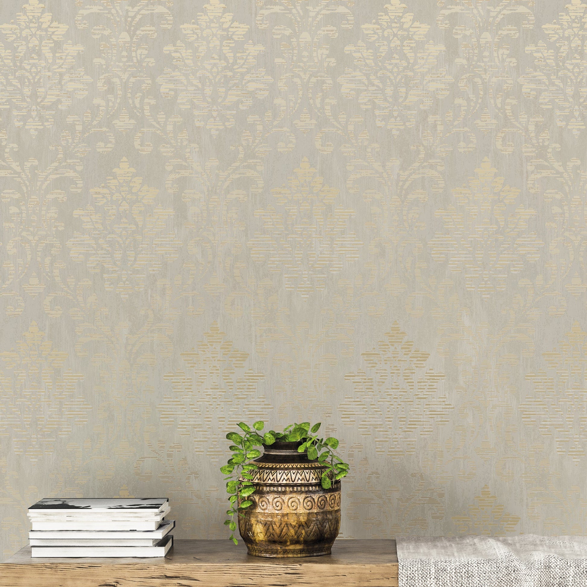 Metallic FX Rustic Damask Wallpaper - Cream / Gold - Galerie - W78179Wallpaper199