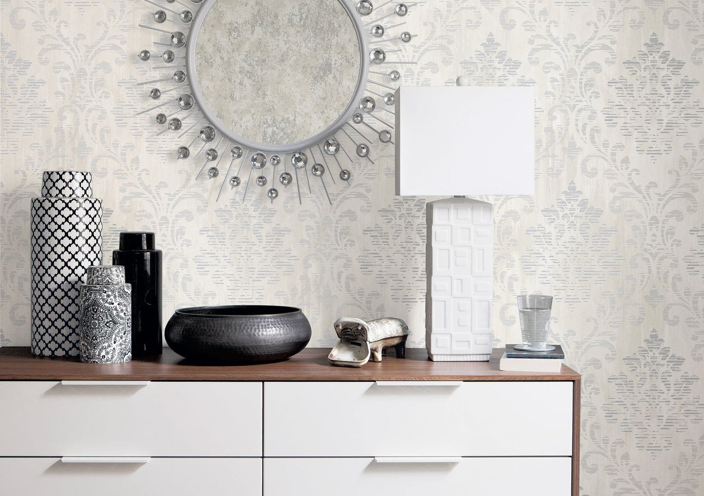 Metallic FX Rustic Damask Wallpaper - Off White / Silver - Galerie - W78180Wallpaper199