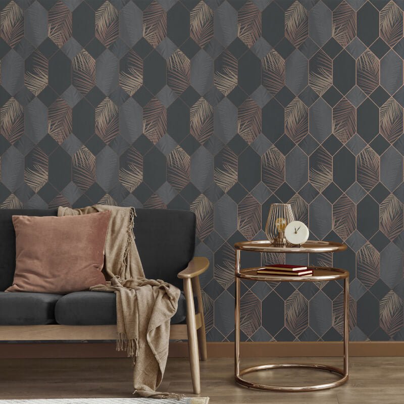 Miami Geo Metallic Wallpaper - Charcoal/Copper - Fine Décor - FD42833Wallpaper199