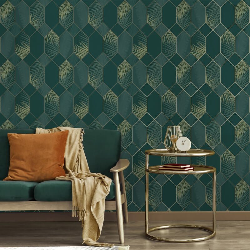Miami Geo Metallic Wallpaper - Emerald/Gold - Fine Décor - FD42836Wallpaper199