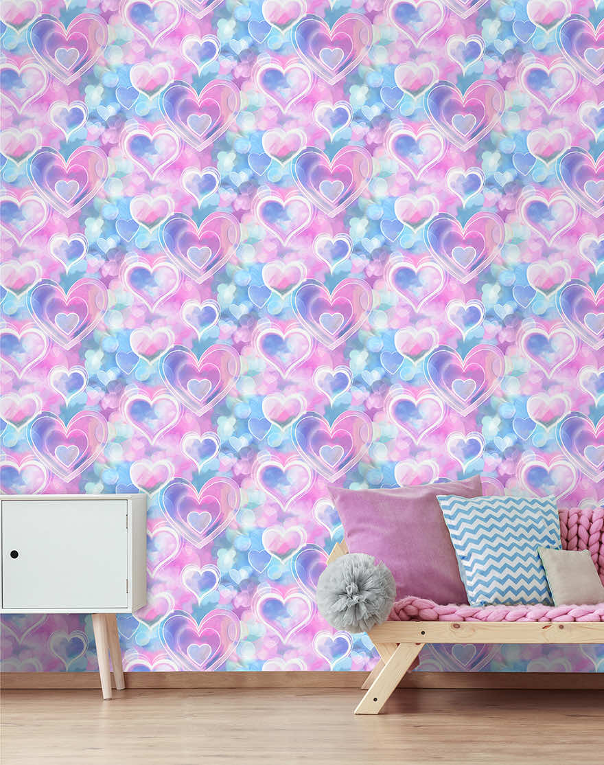 Neon Hearts Wallpaper - Pink/Blue - Holden Décor - 13785Wallpaper199