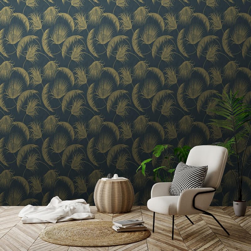 Oasis Leaves Metallic Wallpaper - Blue - SK Filson - SK20019Wallpaper199