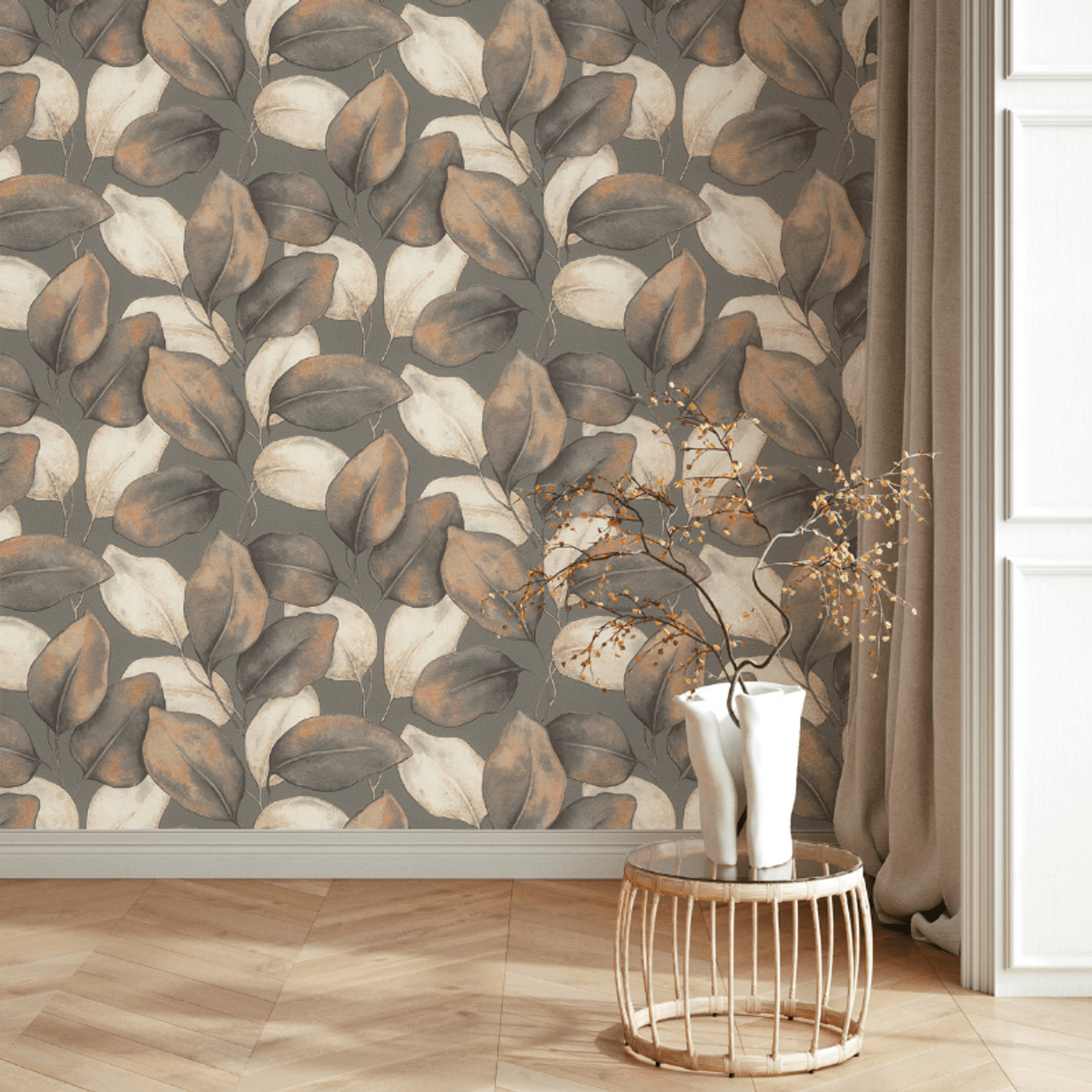 Opulenza Leaf Wallpaper - Charcoal & Rust - Rasch - 659887Wallpaper199