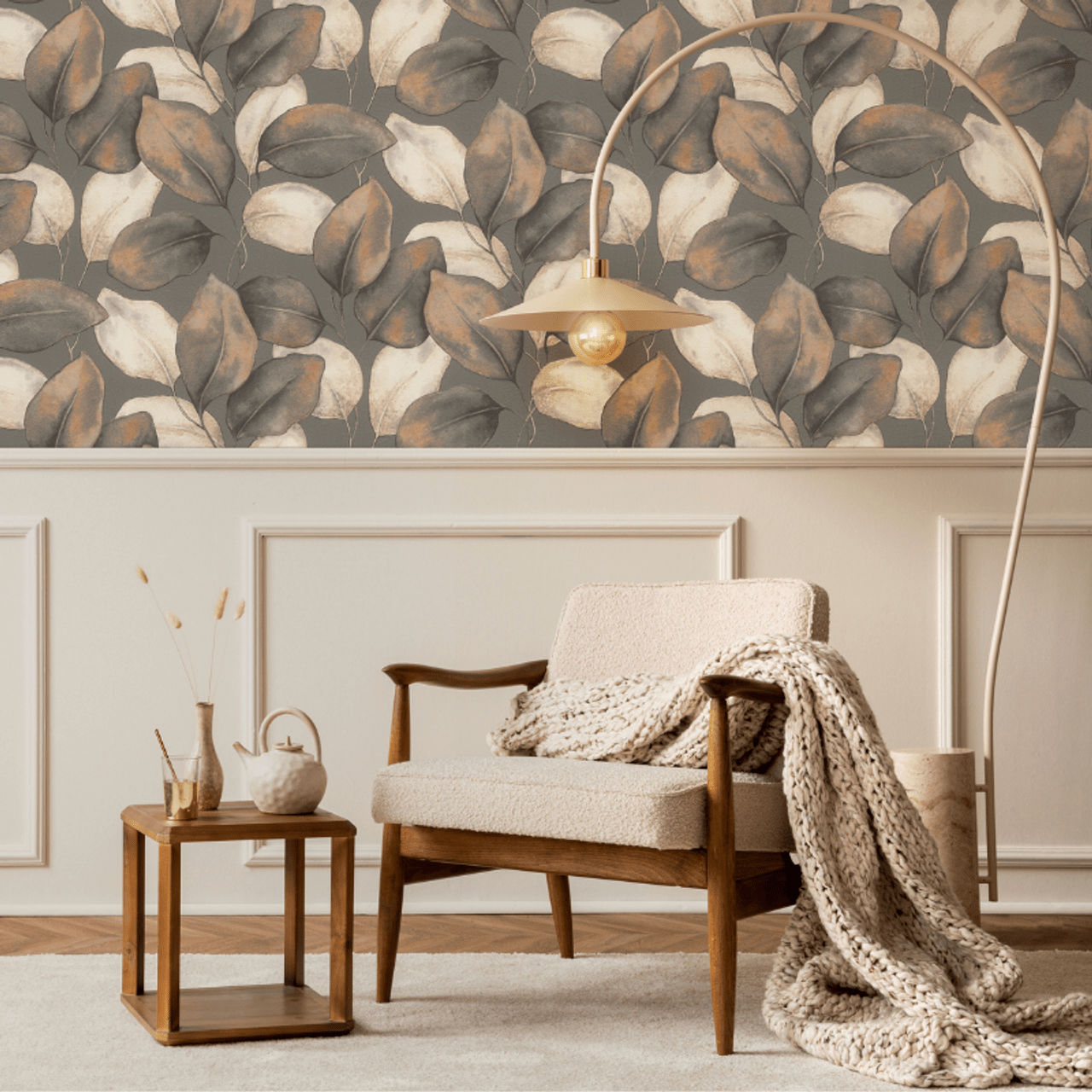 Opulenza Leaf Wallpaper - Charcoal & Rust - Rasch - 659887Wallpaper199