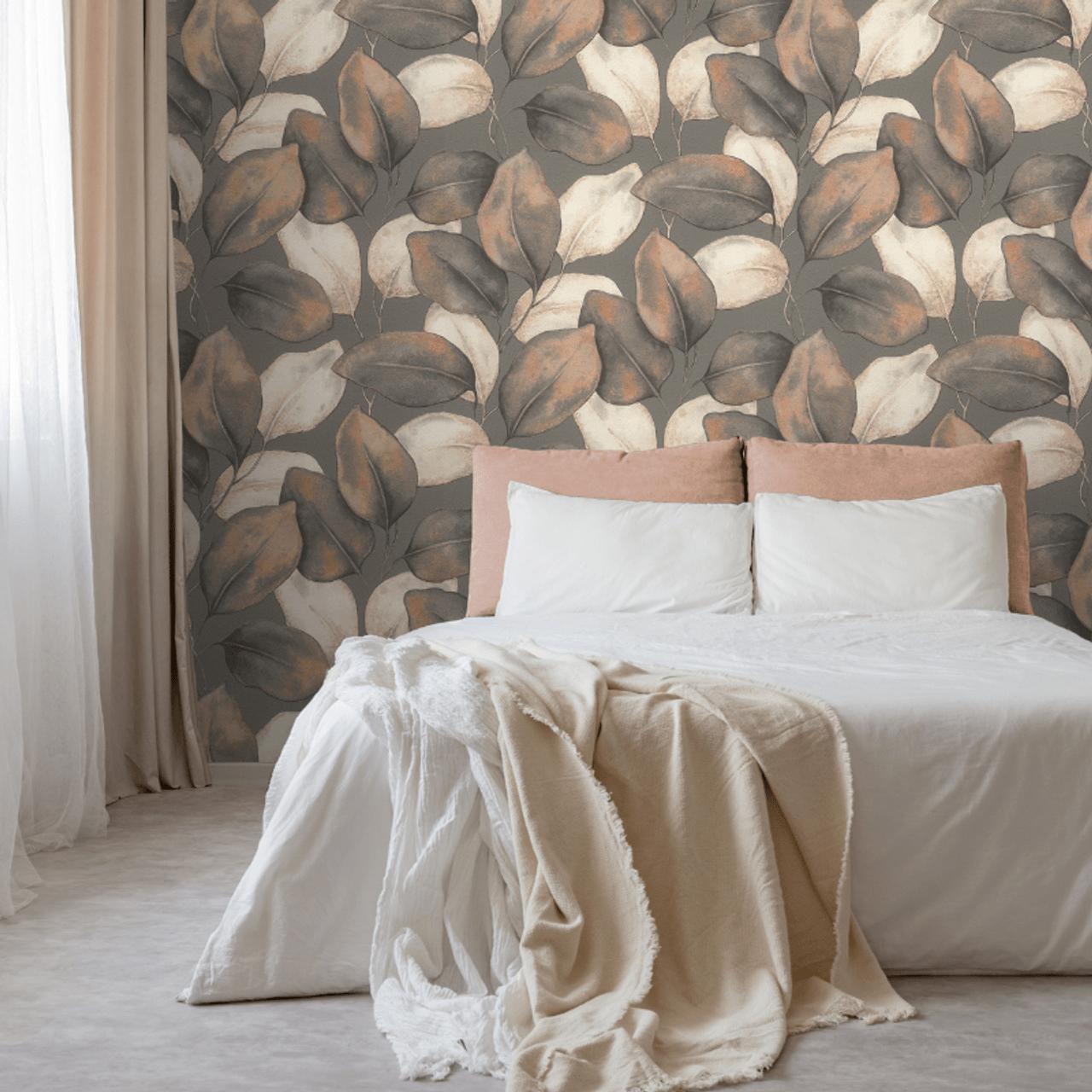 Opulenza Leaf Wallpaper - Charcoal & Rust - Rasch - 659887Wallpaper199